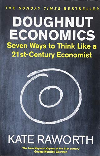 The image shows a book cover with a chalkboard background and white and yellow text. Alt text: Book cover with chalkboard background, white donut drawing, and text "Doughnut Economics".