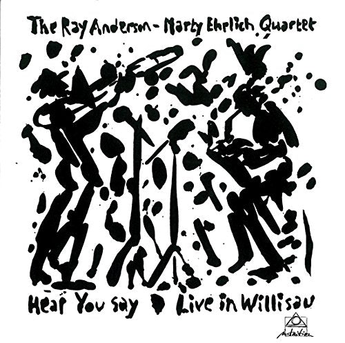 "Album cover with abstract black silhouettes of musicians on a white background."