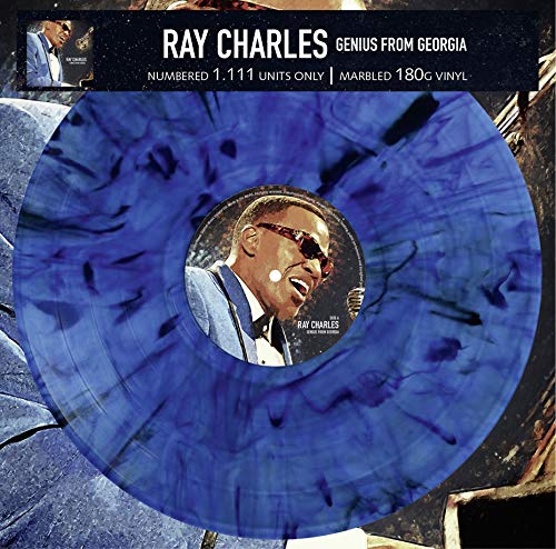 Marbled blue vinyl record featuring a portrait of Ray Charles.