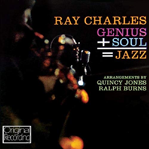 Ray Charles album cover, “Genius + Soul = Jazz,” with microphone.