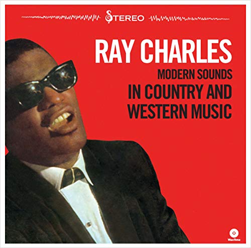 Ray Charles album cover, red background, portrait with sunglasses.