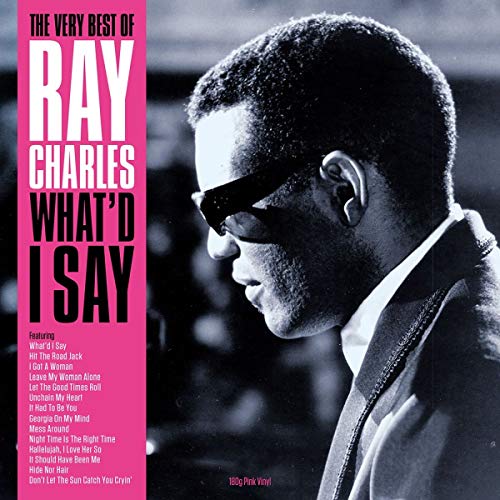Black and white portrait of Ray Charles on a pink and black album cover.