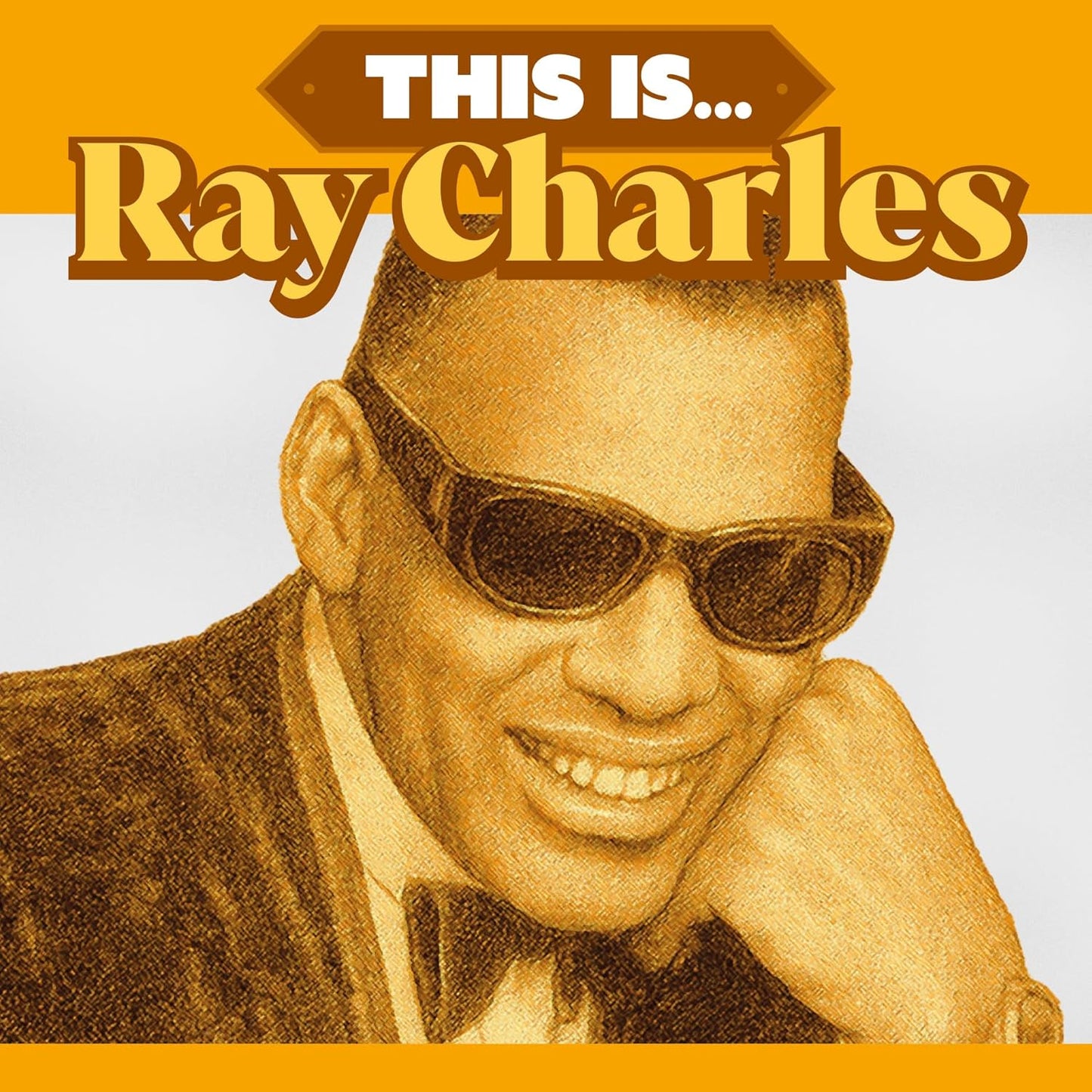 Ray Charles portrait with sunglasses, album cover art, yellow background.