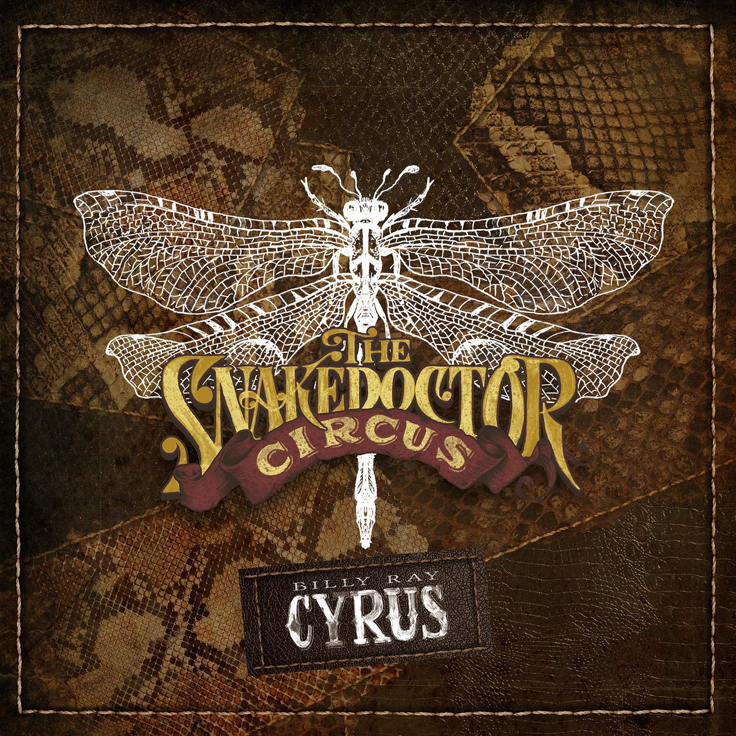 "Album cover with dragonfly, yellow and red text, and snake skin pattern background."