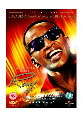 DVD cover of "Ray" featuring Jamie Foxx wearing sunglasses against a red and orange background.