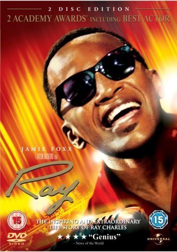 DVD cover for “Ray” featuring Jamie Foxx as Ray Charles, smiling.