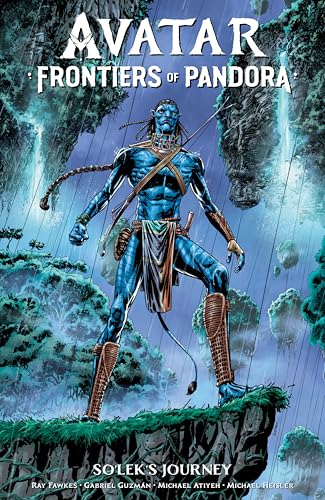 A blue Na'vi warrior stands on a cliff edge against a backdrop of floating islands.