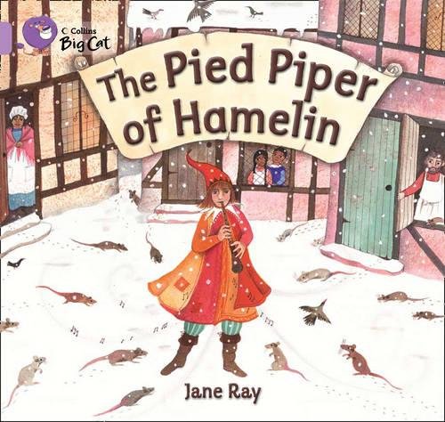The Pied Piper playing a flute, surrounded by mice in a town.