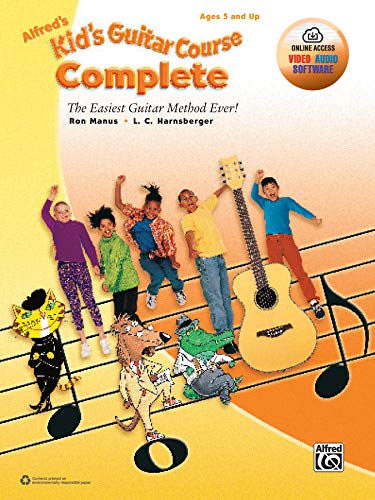 “Alfred’s Kid’s Guitar Course Complete” book cover with children playing guitars.