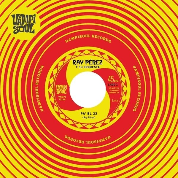 Vinyl record label with red and yellow spiral design, "Ray Perez" text.