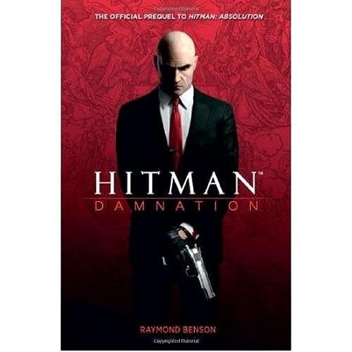 Book cover: bald man in suit, holding a gun, red background.