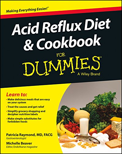 Book cover: "Acid Reflux Diet & Cookbook For Dummies" with food images.