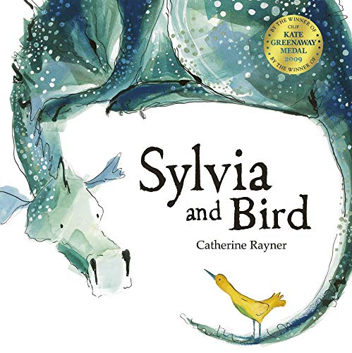Watercolor illustration of a blue dragon encircling a bird and text.