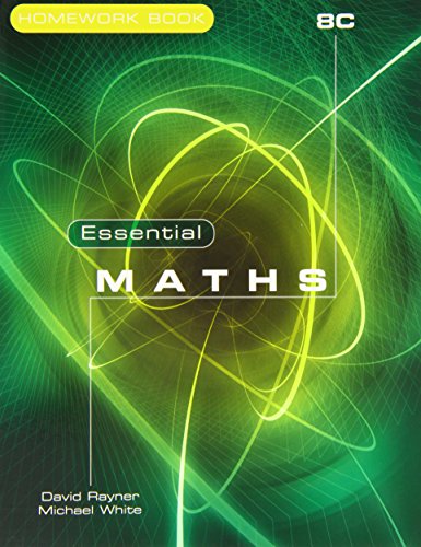 Essential Maths 8C Homework Book cover with green and yellow abstract design.