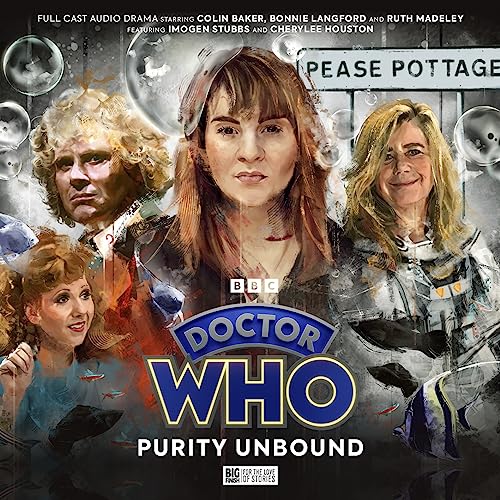 Doctor Who audio drama cover featuring Colin Baker, Bonnie Langford, and others.