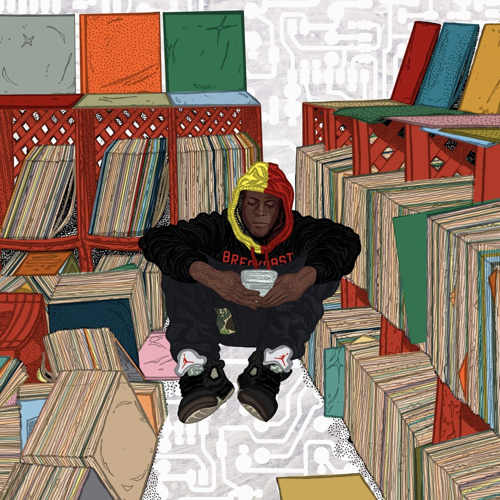 Illustrated album cover featuring a hooded figure amidst stacks of vinyl records.