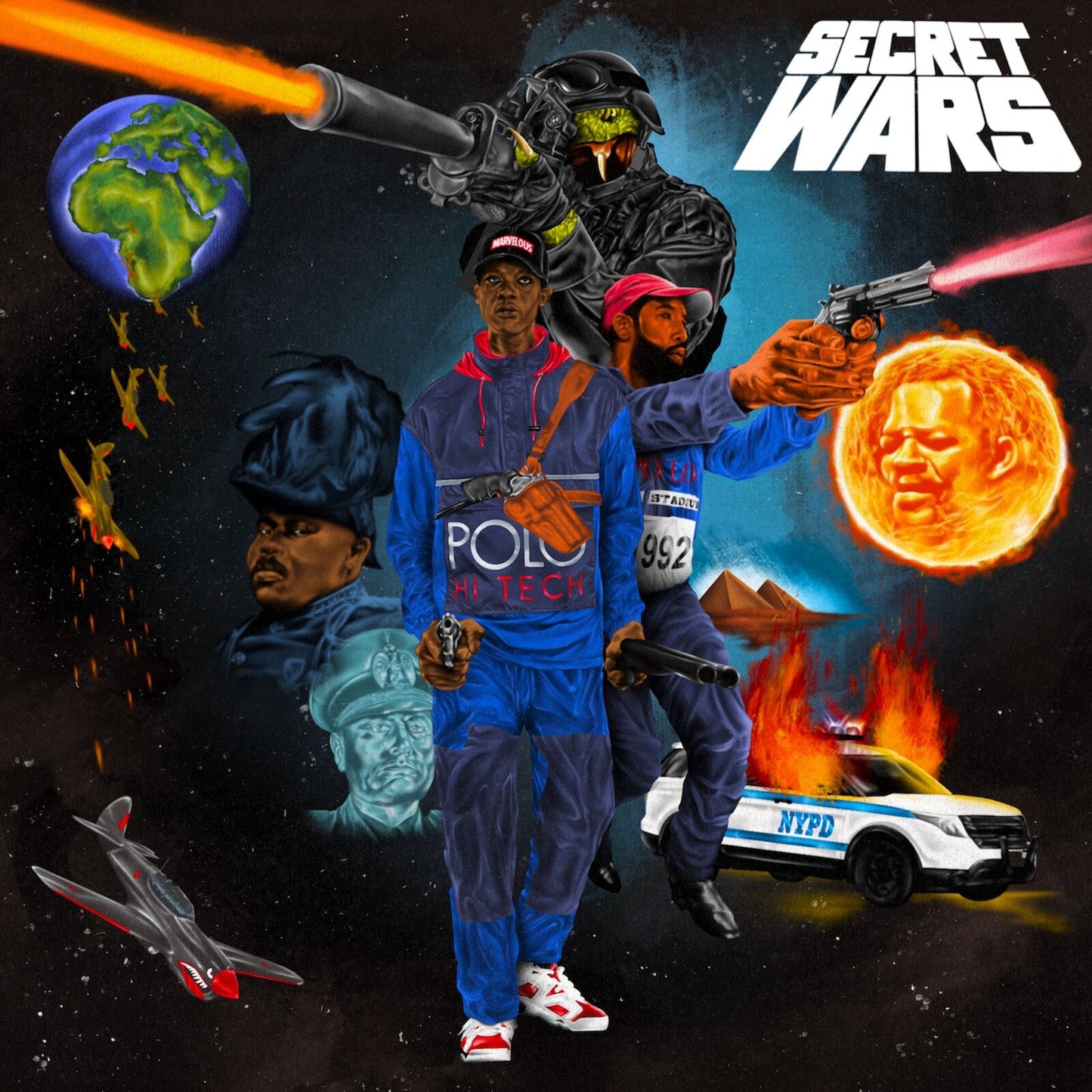 Album cover for "Secret Wars" featuring illustrated figures and space elements.