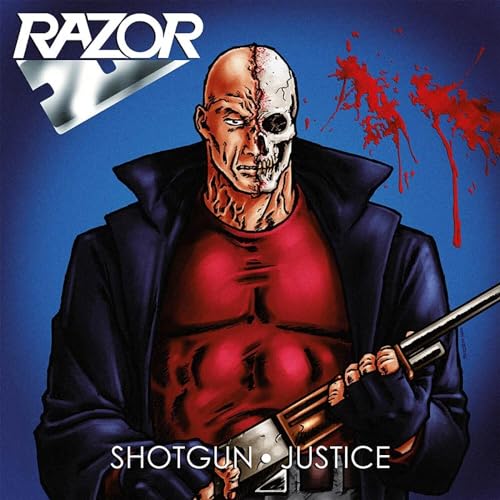Razor album cover: half-skull man with shotgun, red splatter effect.