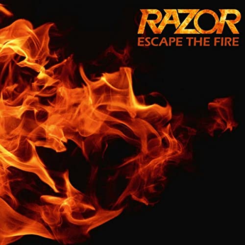 Razor album cover, “Escape The Fire”, featuring vibrant orange and yellow flames.
