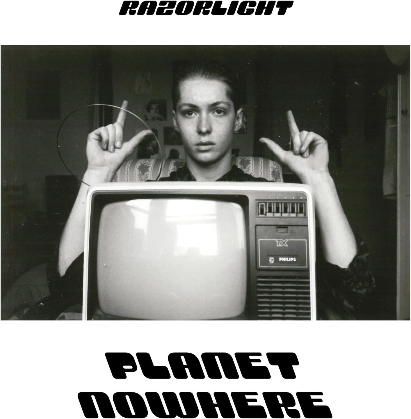 Black and white album cover featuring a person and a vintage television.