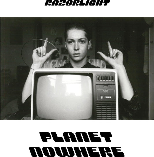 Black and white album cover featuring a person and a vintage television.