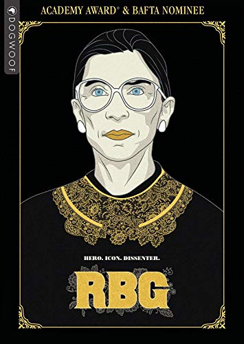Illustration of Ruth Bader Ginsburg with glasses and gold collar on black background.