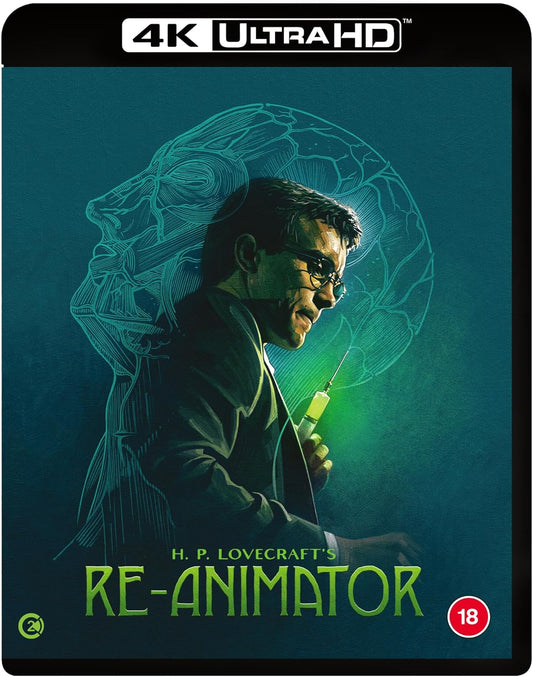 “Re-Animator” Blu-ray cover featuring a doctor with a syringe and brain illustration.