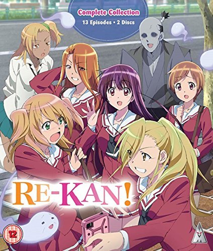 Anime characters in school uniforms and a ghost on the Re-kan! Blu-ray cover.