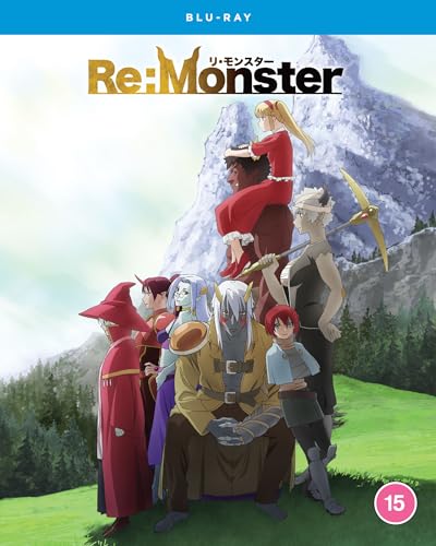 Anime characters stand in a grassy field before a snowy mountain.