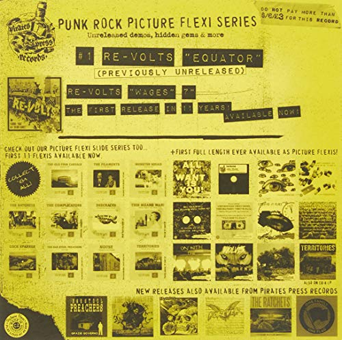 Yellow promotional sheet for Pirates Press Records featuring text and small album cover thumbnails.