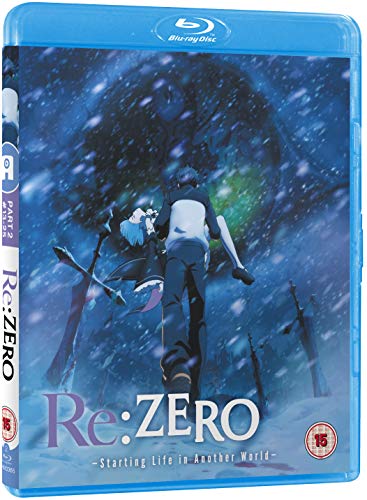 Blu-ray cover for Re:Zero Part 2 showing a character carrying another in falling snow.