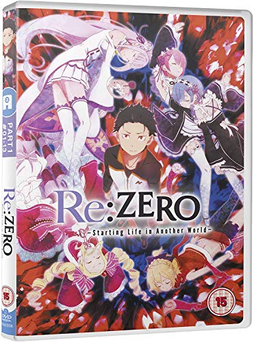 Re:Zero anime DVD cover featuring Subaru and various female characters against a red background.