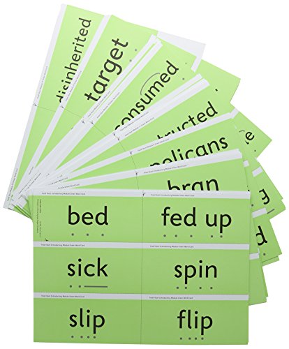 A fan of light green educational word cards with black text and phonics markings.