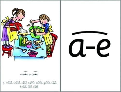 Phonics flashcards showing children baking and a vowel sound example.
