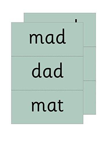Pale green flashcards with the words mad, dad, and mat printed in black text.