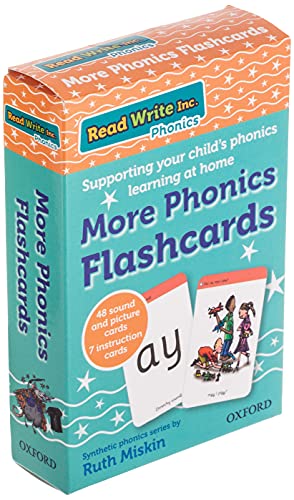 Read Write Inc. Phonics More Phonics Flashcards box showing sample cards with letters and illustrations.