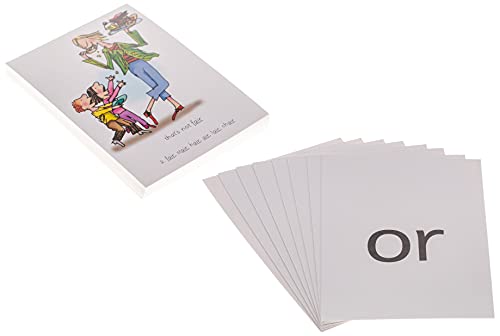 Phonics flashcards with "or" visible, next to a box with illustrated children.