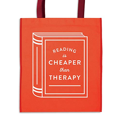 Red tote bag with white illustration of a book and text.