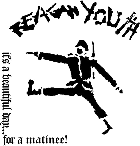 Black and white image of a punk figure leaping, with band name above.