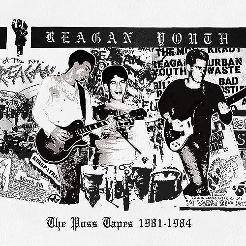 Black and white collage featuring Reagan Youth band members playing guitars over punk flyers.