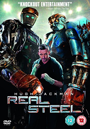Hugh Jackman stands between two large fighting robots on the Real Steel DVD cover.