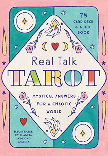 Pink tarot card deck cover with floral designs and the text "Real Talk Tarot.