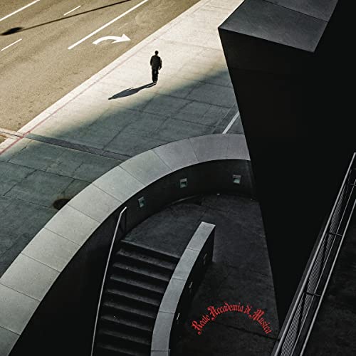 CD cover: lone figure walking on a road near modern architecture.