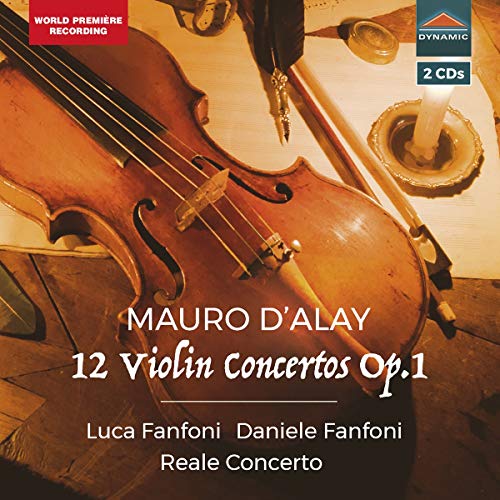 CD cover featuring a violin and text: "Mauro D'Alay, 12 Violin Concertos.