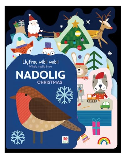 Children’s Christmas book cover with festive illustrations and Welsh text.