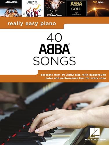 Piano songbook cover featuring ABBA album art and hands playing keys.
