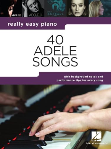 Piano songbook cover featuring Adele, with hands playing keys.