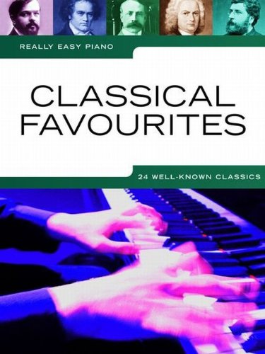 Music book cover titled Really Easy Piano: Classical Favourites featuring composer portraits and piano keys.