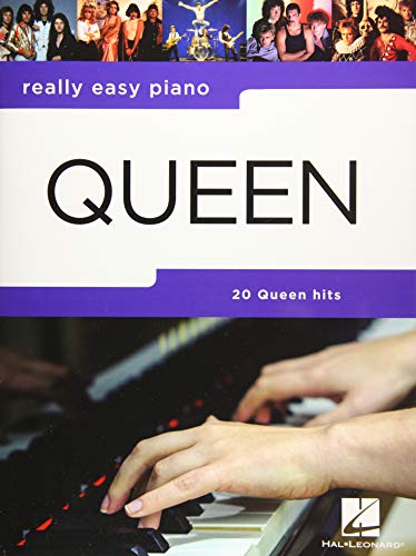 “Really Easy Piano: Queen” songbook with piano keys and band imagery.