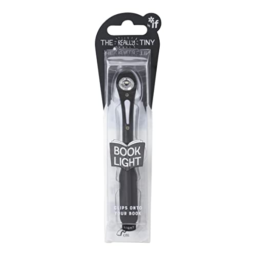 Black clip-on book light in clear plastic retail packaging against a white background.